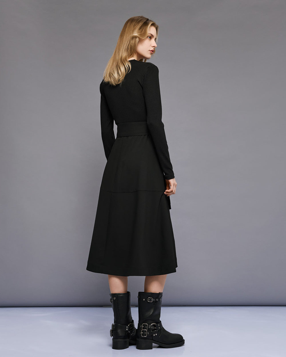 Access Fashion Black Long Sleeve V-Neck Belted Midi Dress