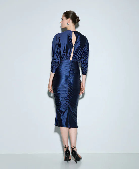 Access Fashion Navy Wrap Dress With Gatherings Dress