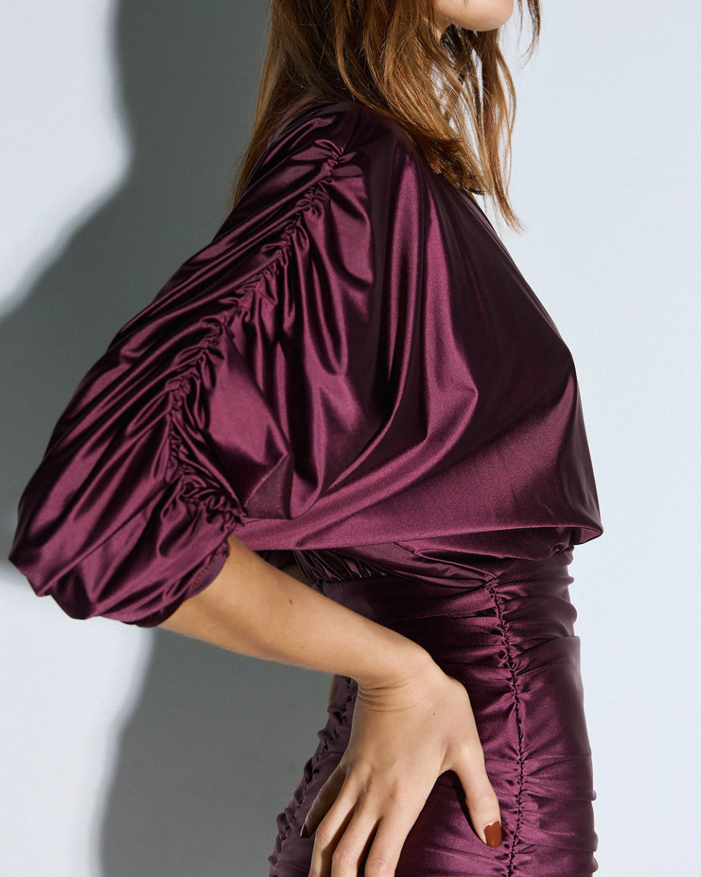 Access Fashion Wrap Bordeaux Dress With Gathering