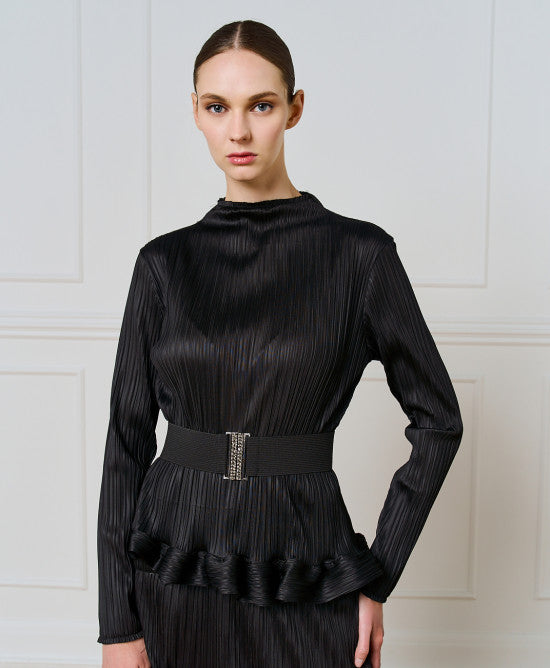 Access Fashion Black Pleated Dress With Ruffles