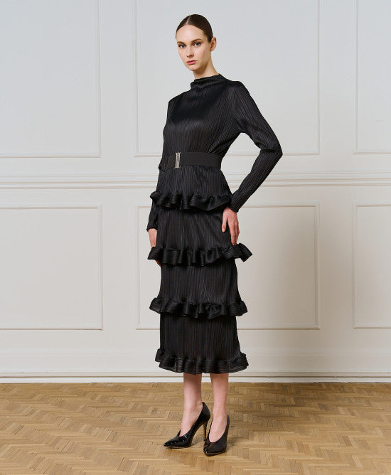 Access Fashion Black Pleated Dress With Ruffles
