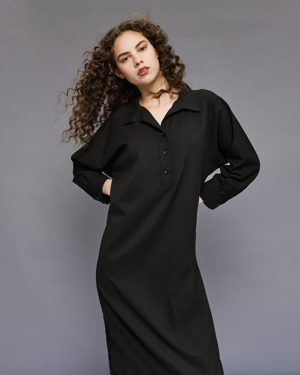 Access Fashion Long Black Dress With Collar