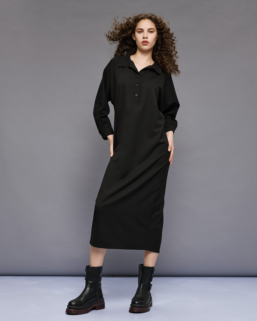 Access Fashion Long Black Dress With Collar