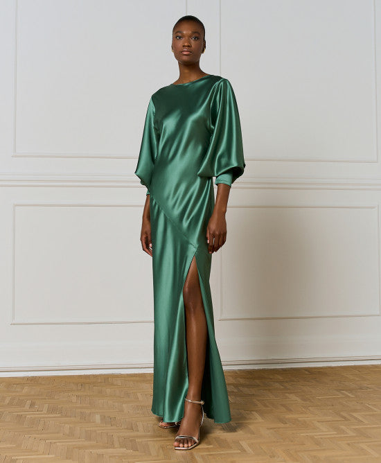 Access Fashion Basil Green Satin Dress With Draped Back