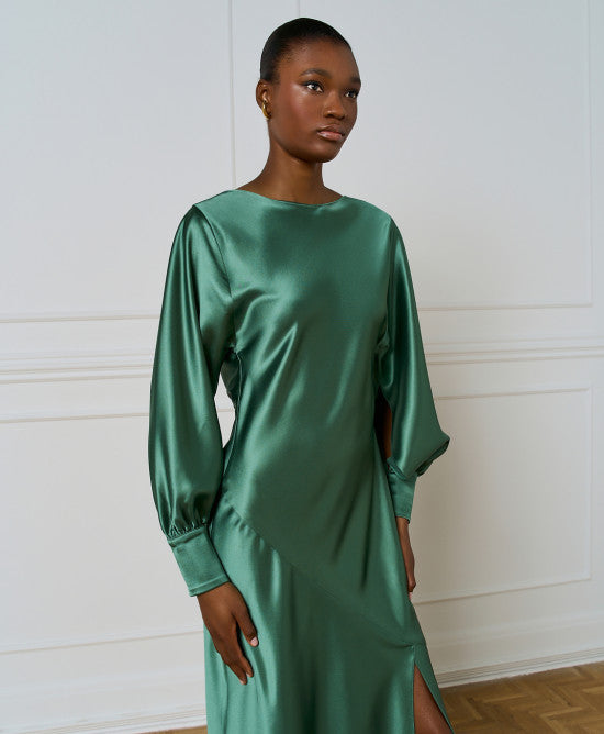 Access Fashion Basil Green Satin Dress With Draped Back