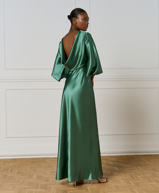 Access Fashion Basil Green Satin Dress With Draped Back - Sheena's Boutique Ireland Access Fashion Basil Green Satin Dress With Draped Back - Sheena's Boutique Ireland