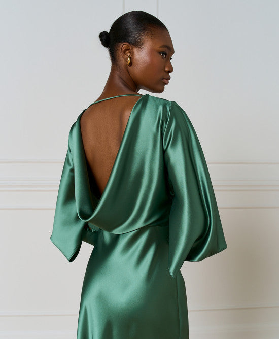 Access Fashion Basil Green Satin Dress With Draped Back