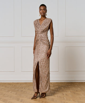 Access Fashion Sequins Camel Dress With Ruching