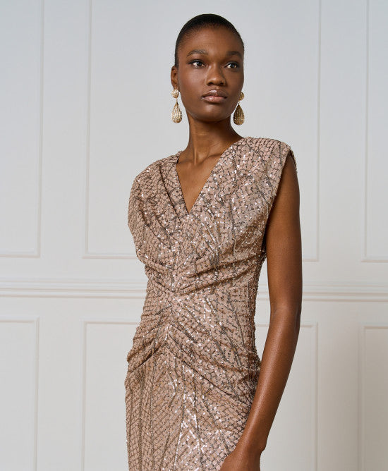 Access Fashion Sequins Camel Dress With Ruching
