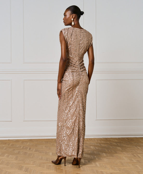 Access Fashion Sequins Camel Dress With Ruching