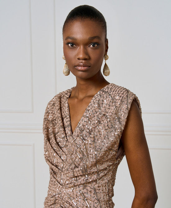 Access Fashion Sequins Camel Dress With Ruching