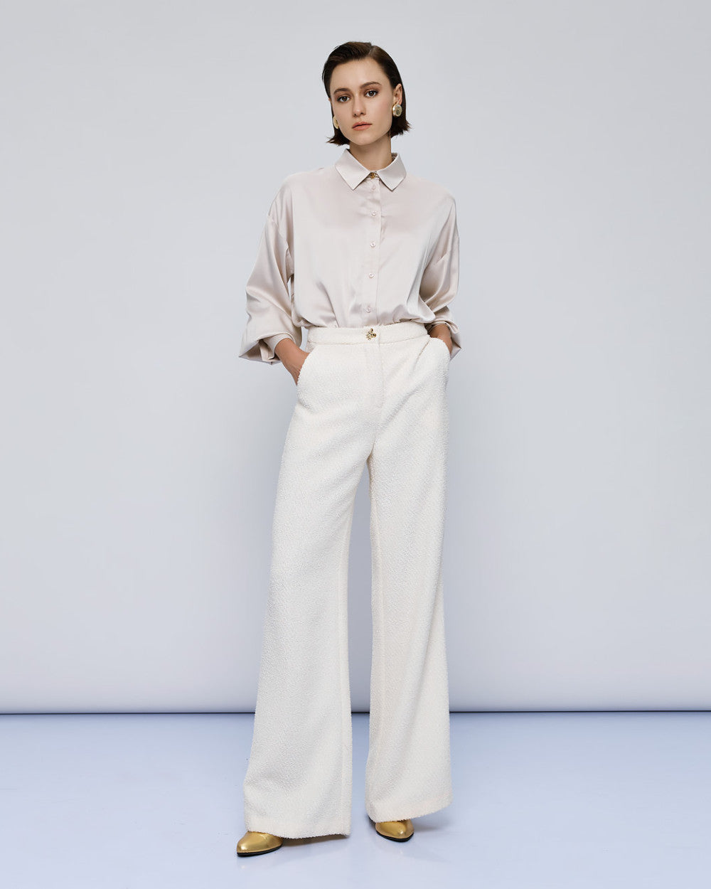 Access Fashion Vanilla Bouclé Wide-Leg Full Length Trousers