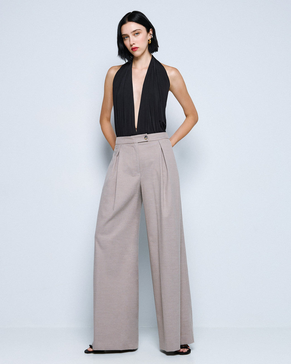 Access Fashion Beige Pleated Wide-Leg Full Length Pants