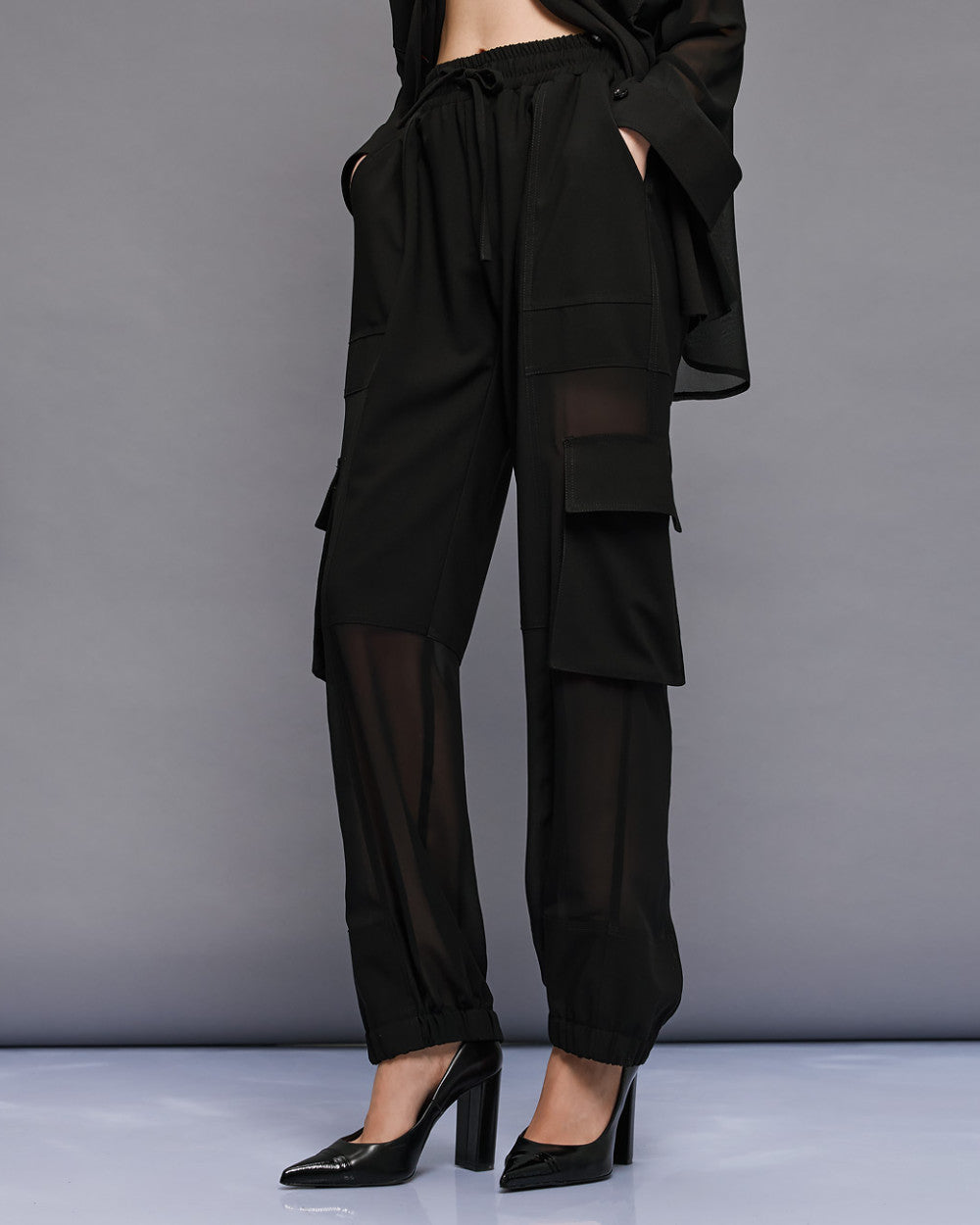 Access Fashion Black High-Waist See-Through Detail Cargo Pants