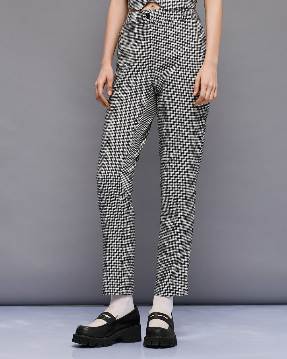 Access Fashion Black and White High-Rise Straight-Leg Houndstooth Pants