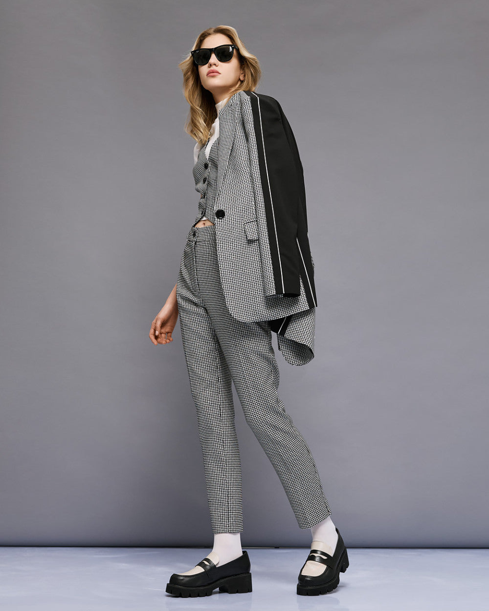 Access Fashion Black and White High-Rise Straight-Leg Houndstooth Pants