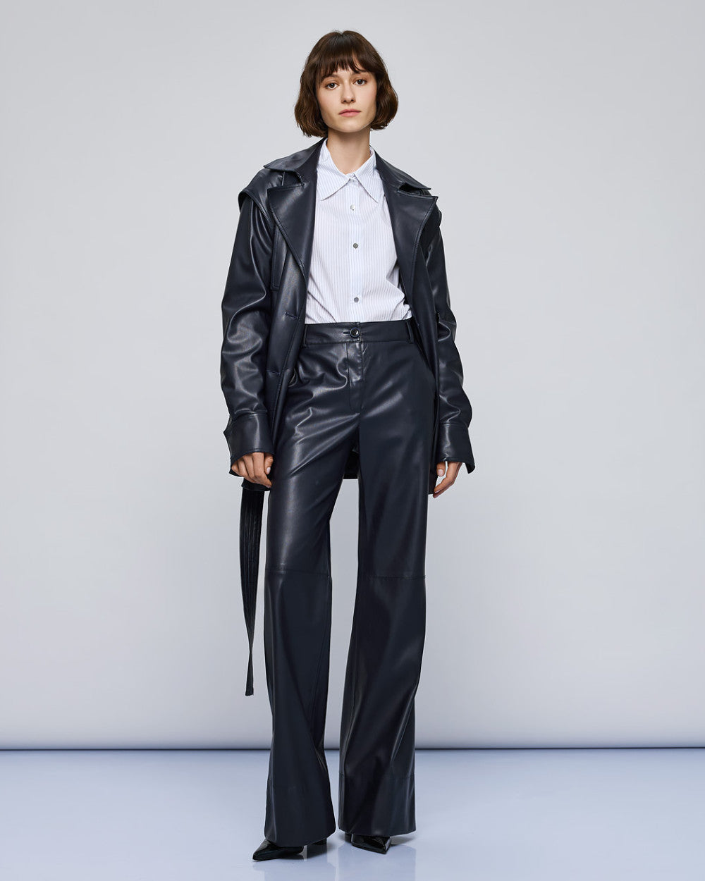 Access Fashion Navy Blue Faux Leather Effect Flared Trousers