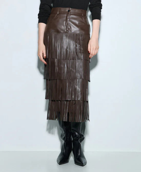 Access Fashion Faux Leather Effect Skirt With Fringes