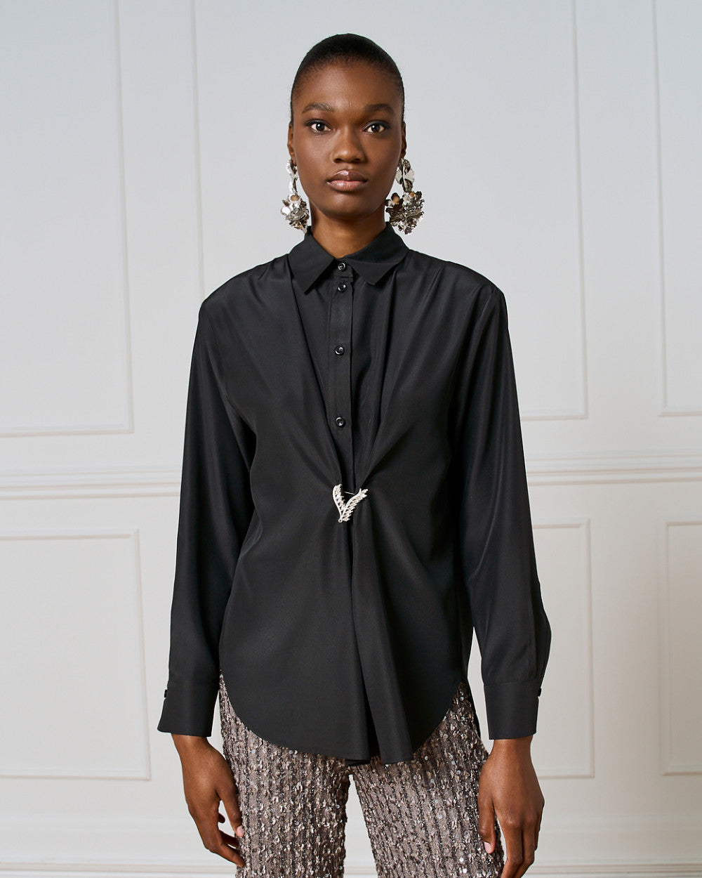 Access Fashion Black Shirt With Brooch