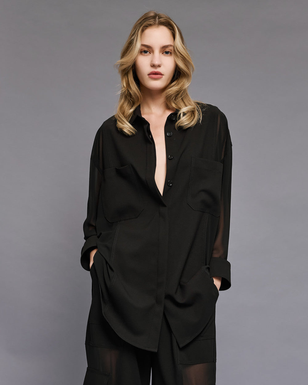 Access Fashion Black Oversized See-Through Mouslin Shirt