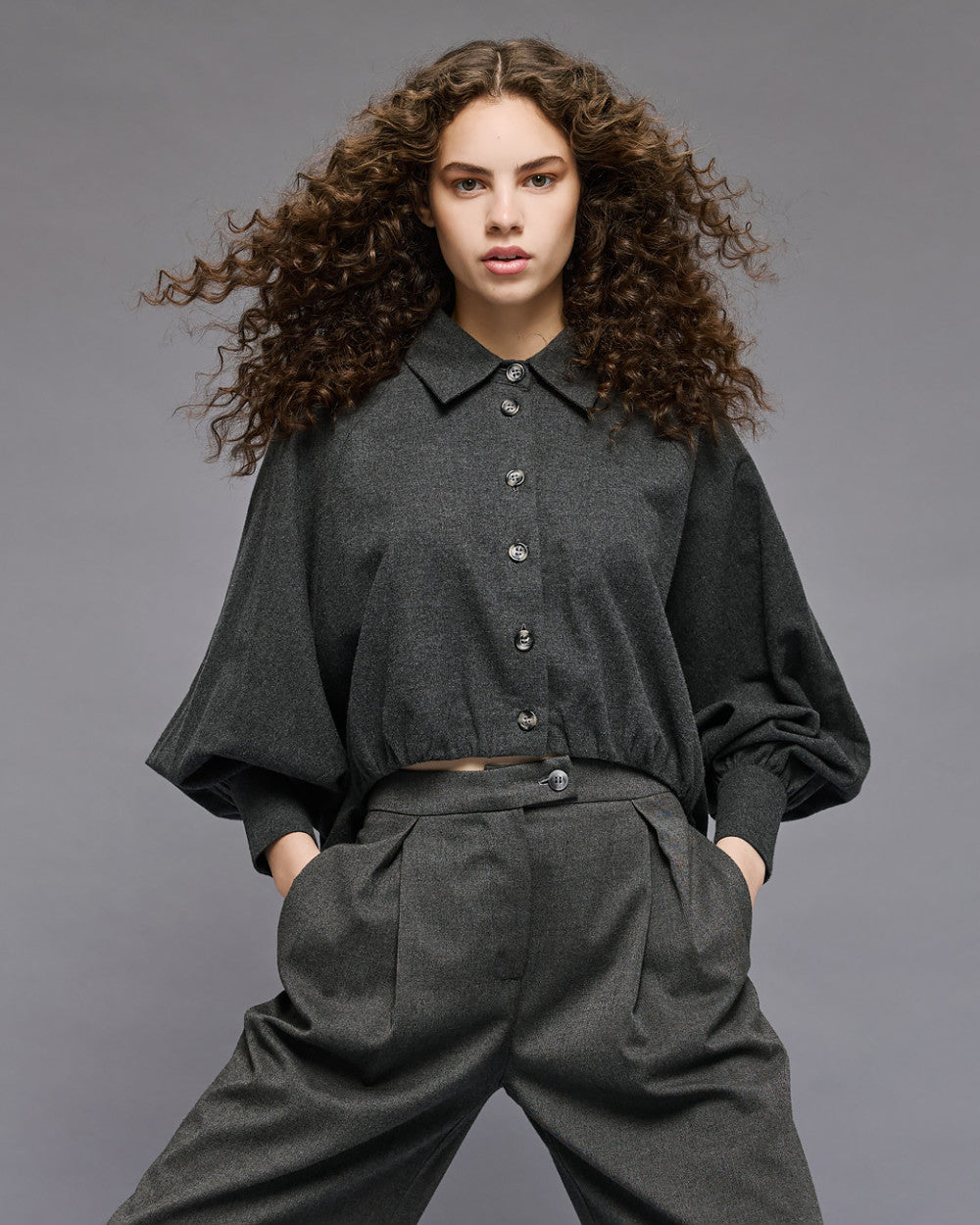 Access Fashion Grey Cropped Puff-Sleeve Asymmetric Shirt