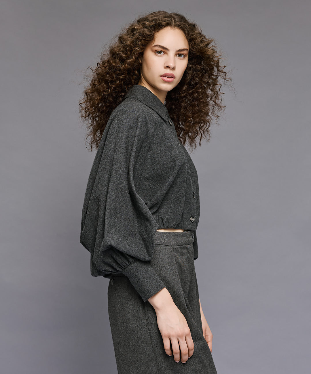 Access Fashion Grey Cropped Puff-Sleeve Asymmetric Shirt