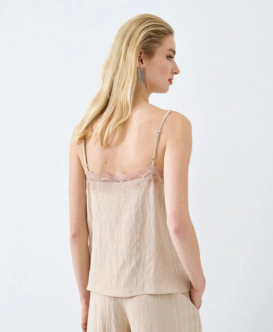 Access Fashion V Neck Lace Trim Beige Cami