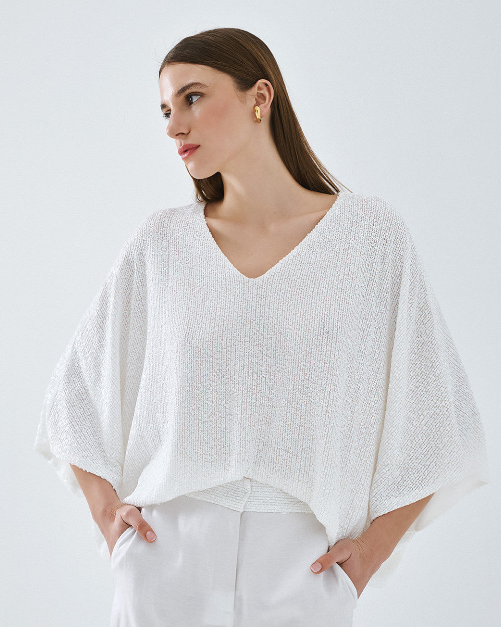 Access Fashion White Sequin Blouse With Batwing Sleeve