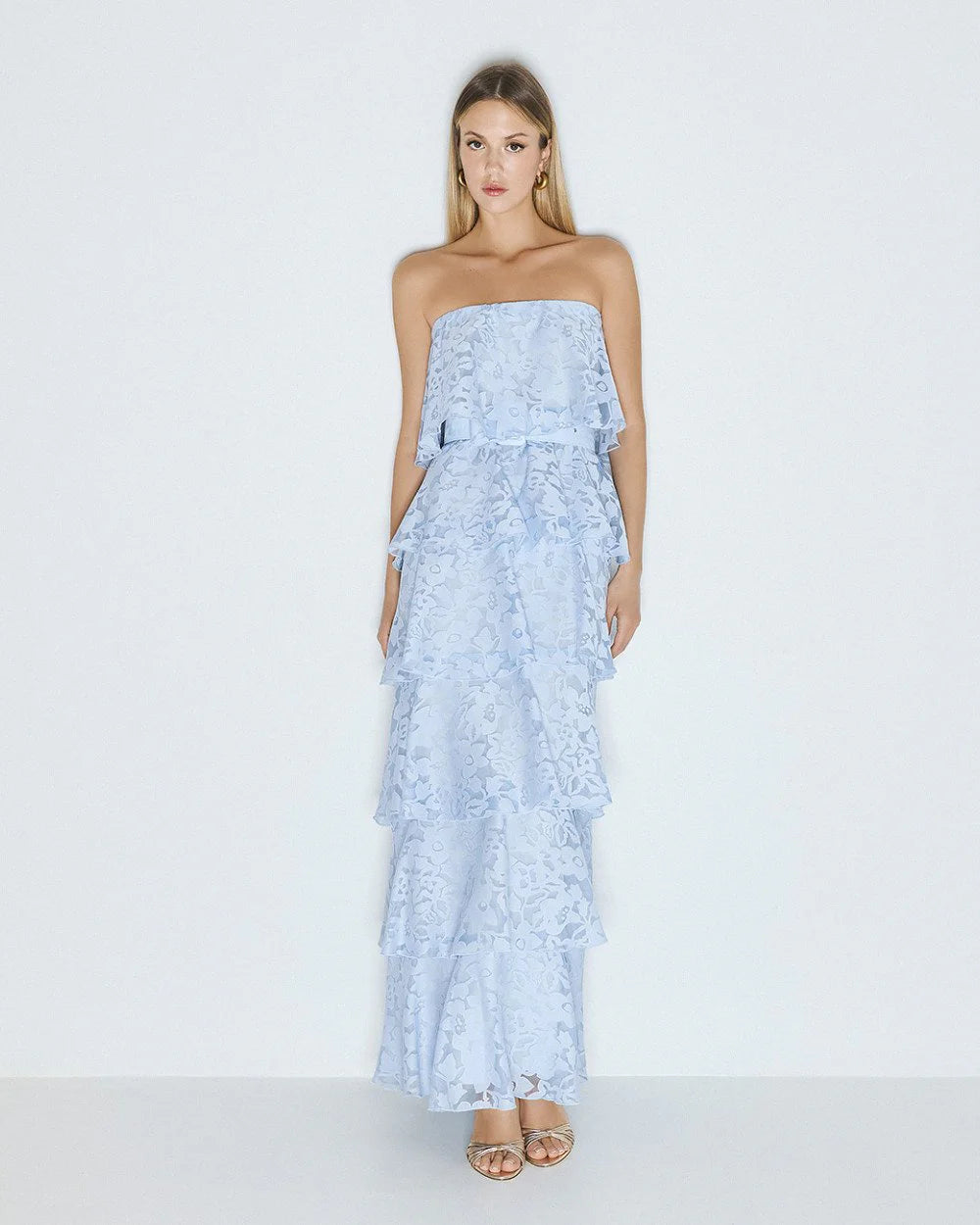 Access Fashion Blue Maxi Devore Dress With Ruffle Details