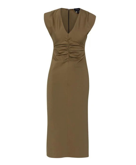 Access Fashion Ruched V Neck Olive Dress