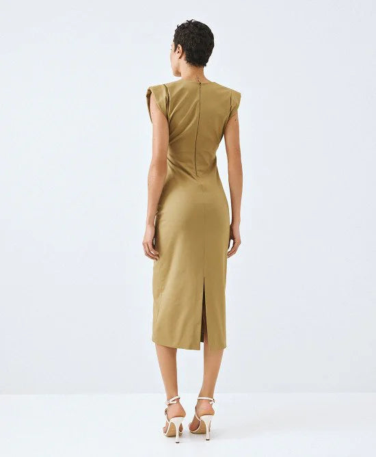 Access Fashion Ruched V Neck Olive Dress