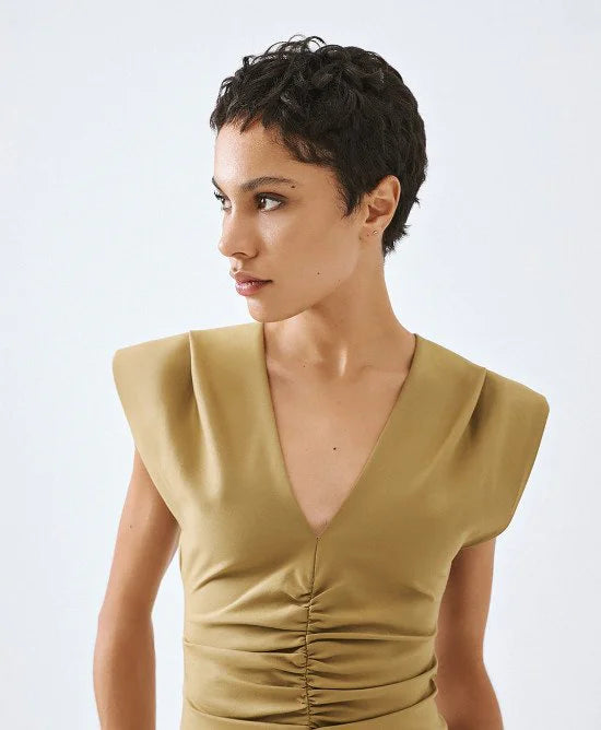 Access Fashion Ruched V Neck Olive Dress