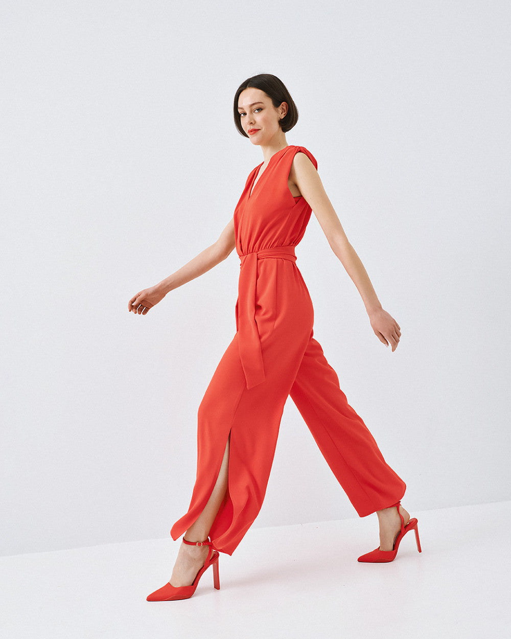 Access Fashion Belted Coral Jumpsuit