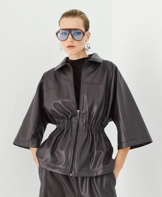 Access Fashion Coffee Faux Leather Jacket With Elasticated Waist