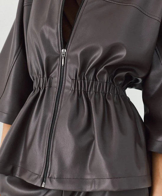Access Fashion Coffee Faux Leather Jacket With Elasticated Waist