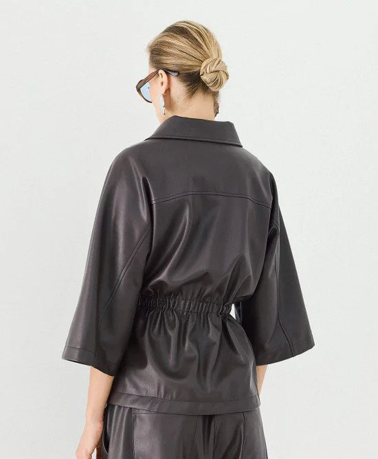 Access Fashion Coffee Faux Leather Jacket With Elasticated Waist