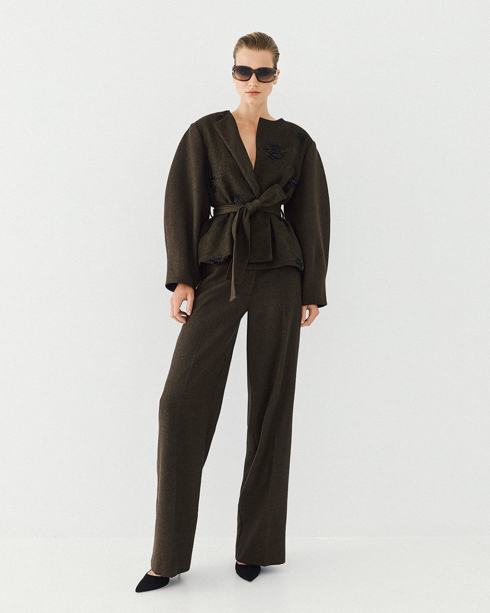 Access Fashion Embellished Olive Belted Jacket