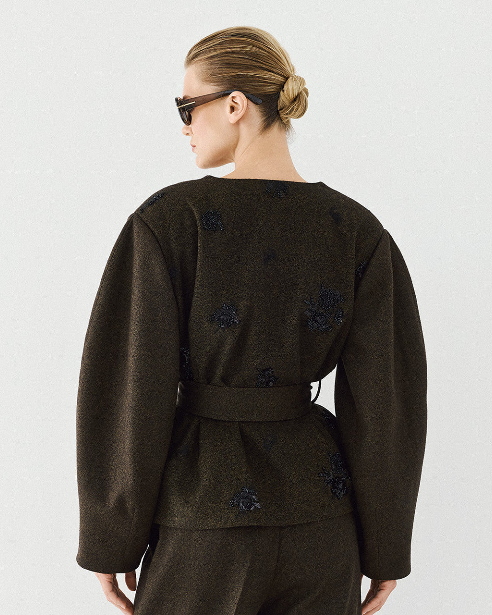 Access Fashion Embellished Olive Belted Jacket