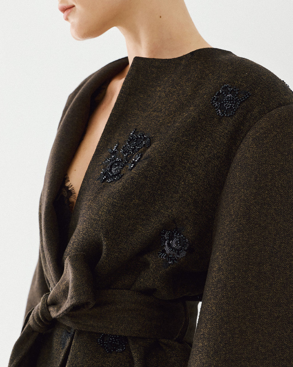 Access Fashion Embellished Olive Belted Jacket