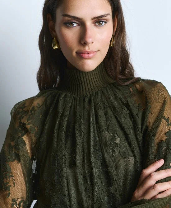 Access Fashion Turtle Neck Olive Lace Top