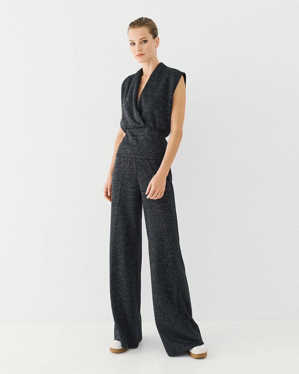 Access Fashion Lurex Wrap Black Top