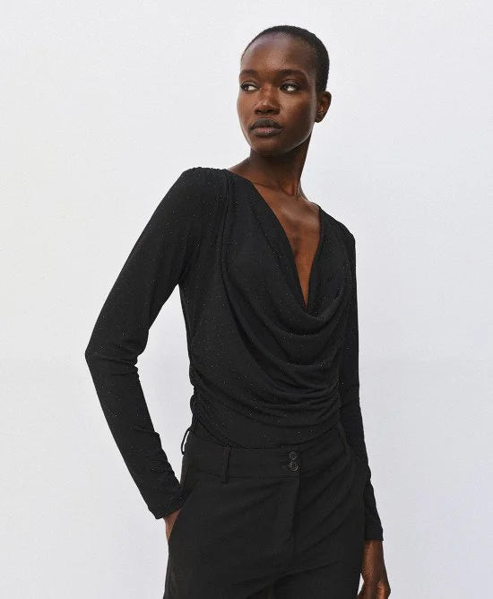 Access Fashion Black Draped Blouse With Rhinestones