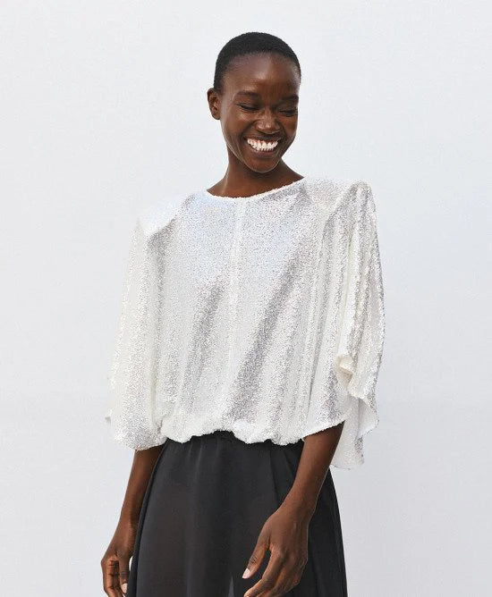 Access Fashion Silver Sequin Top With Removable Shoulder Pads