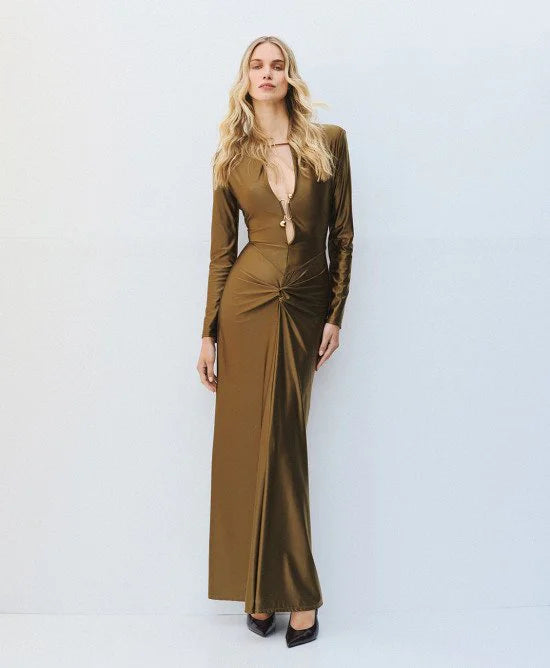 Access Fashion Olive Maxi Dress With Knot &amp; Deep Slit