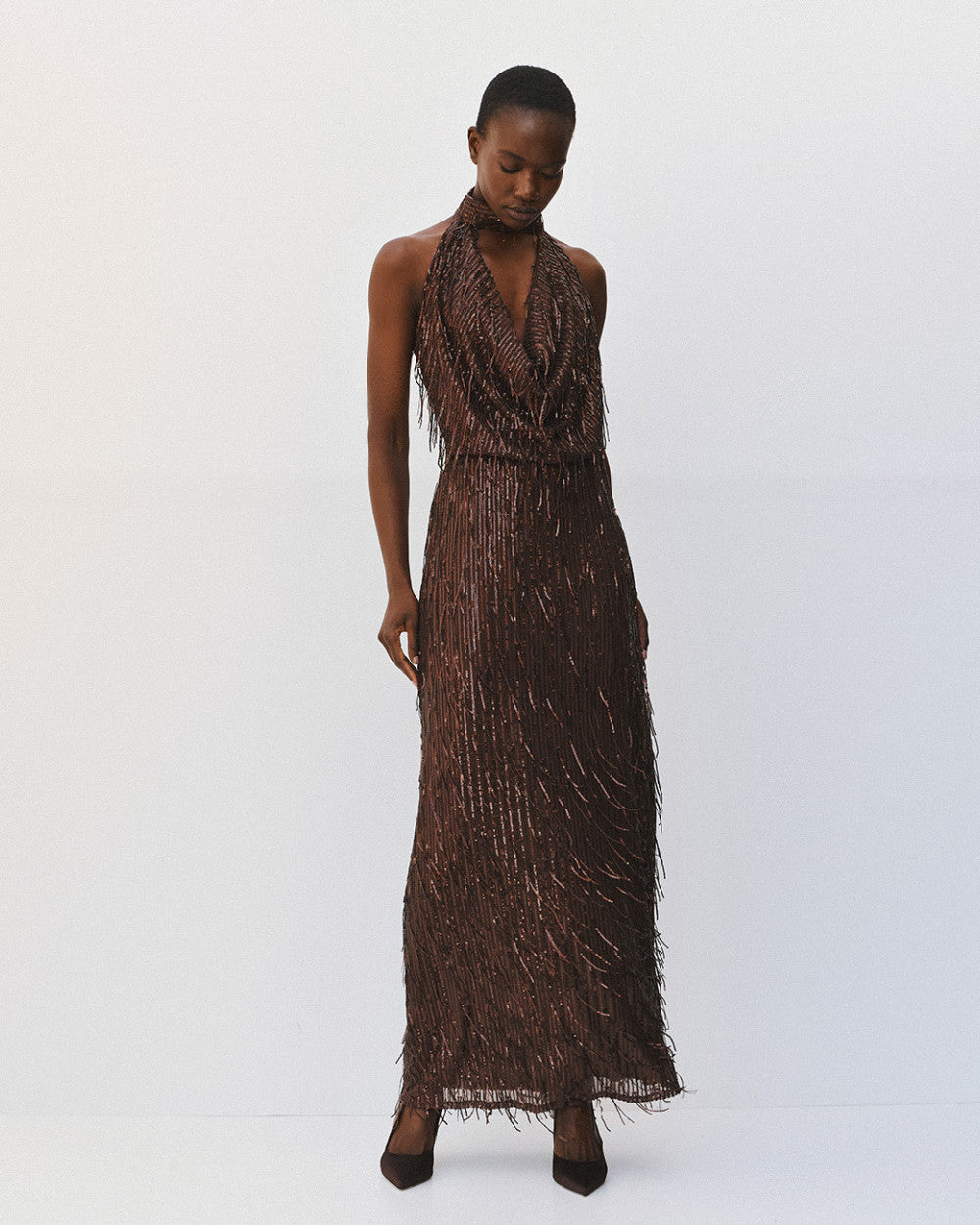 Access Fashion Sequin Fringe Maxi Coffee Dress