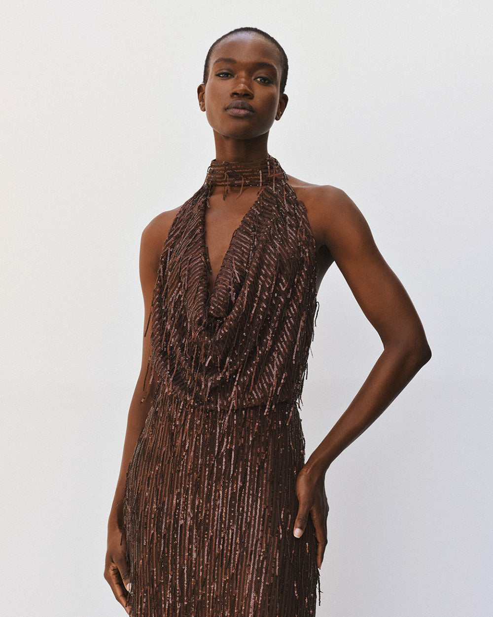 Access Fashion Sequin Fringe Maxi Coffee Dress