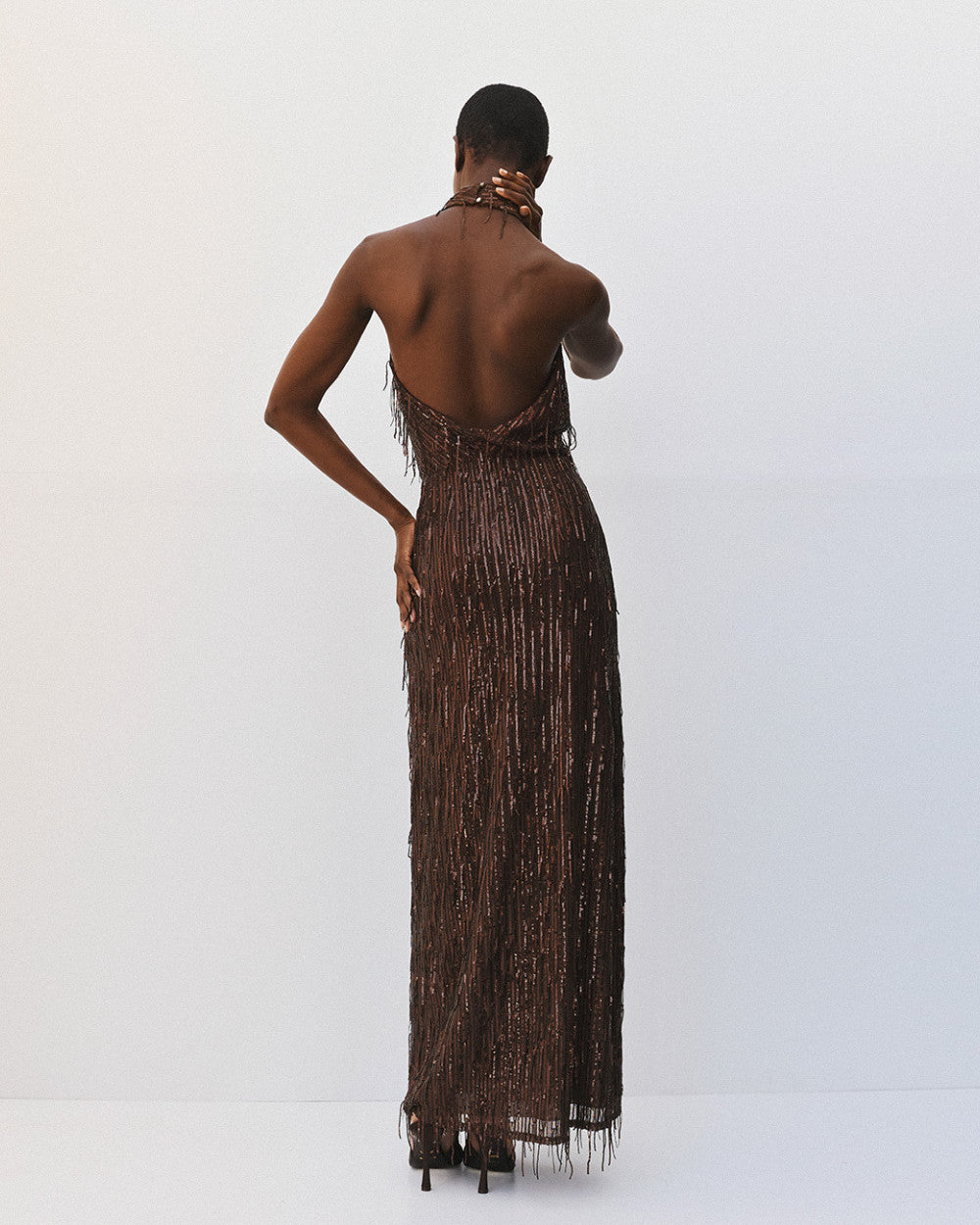 Access Fashion Sequin Fringe Maxi Coffee Dress