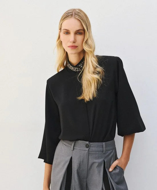 Access Fashion Black Shirt With Embellished Collar