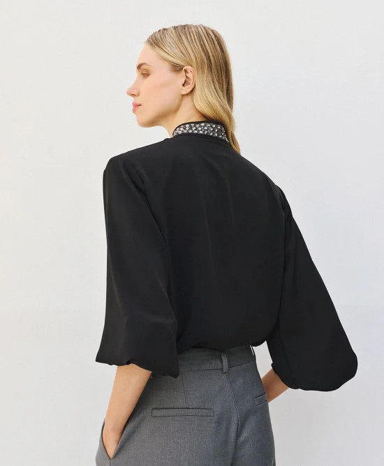 Access Fashion Black Shirt With Embellished Collar