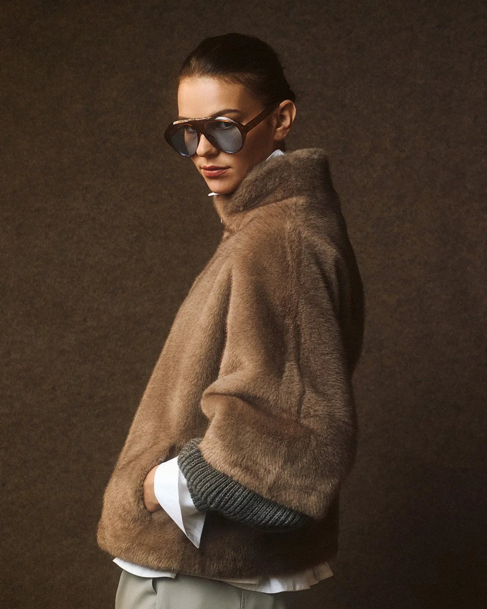 Access Fashion Short-Sleeve Faux Fur Jacket